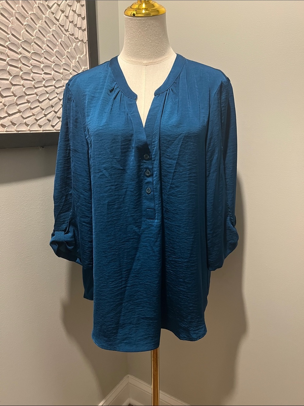 Women's Teal V-Neck Button Front Blouse